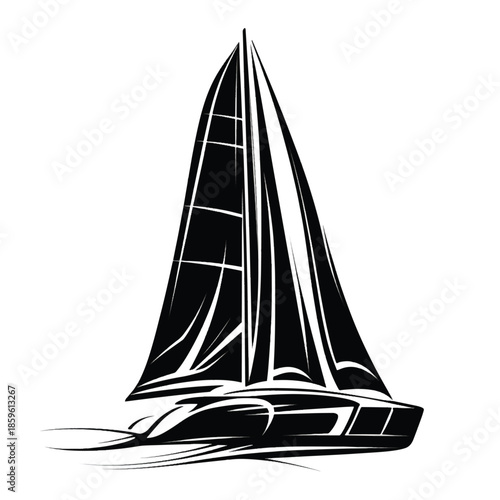 Vector illustration of a white sailing yacht silhouette with tall masts and sails cruising on the ocean water during a summer nautical travel regatta sport