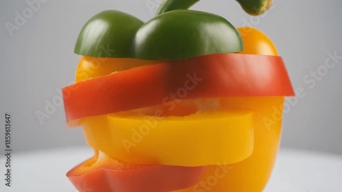 Close-up of sliced red and yellow bell peppers with green stem against a gray background.
