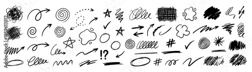 Hand-Drawn Doodle Elements Mega Set – Abstract Scribbles, Arrows, Swirls, Symbols, and Sketch Marks in Black Ink Vector Illustration