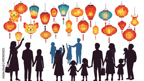 Silhouette of a diverse group of people celebrating Chinese New Year with colorful lanterns hanging above them against a clean white background.