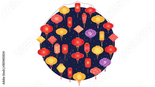Overhead view of colorful lanterns hanging against a dark night sky during the Chinese Lantern Festival or Chinese New Year celebration.