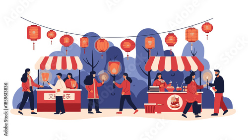 Illustration of people celebrating Chinese New Year with red lanterns and lampions in a vibrant night scene.
