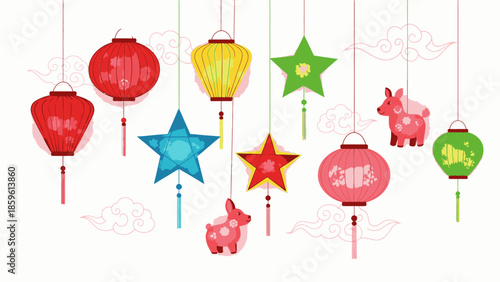 Vibrant hanging decorations for Chinese New Year and Lantern Festival, featuring colorful lanterns and stars on strings against a white background with a joyful atmosphere.