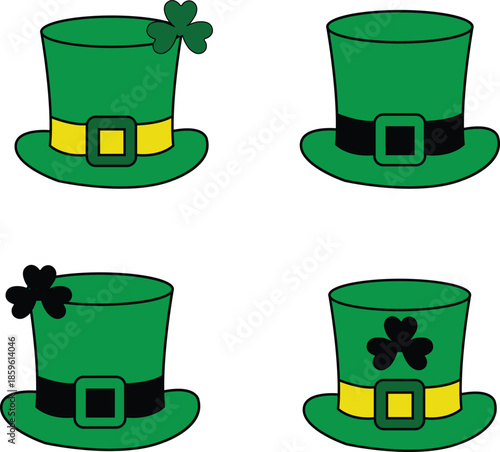 Four Green Leprechaun Hats with Shamrocks and Buckles