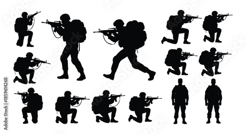 Silhouette depictions of soldiers in various combat postures with weaponry