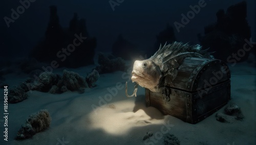 Underwater treasure chest illuminated by a mysterious light source in the deep sea.