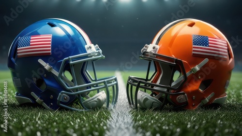 Two football helmets facing off on a field