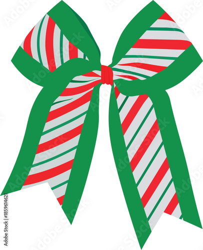 Green Christmas Bow with Red and White Stripes Isolated on White Background.