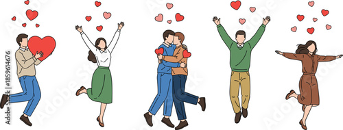 Set of happy people and romantic couples celebrating love with red hearts featuring a man holding a heart and a couple hugging vector illustration