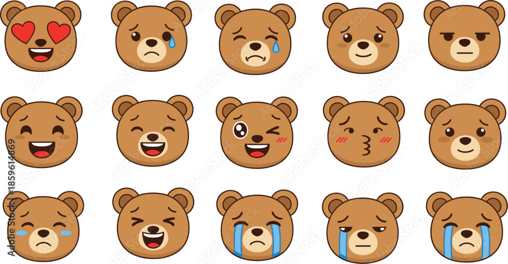 Fototapeta premium Large set of cute teddy bear emoji faces featuring various expressions including happy sad crying laughing and heart eyes isolated vector illustration
