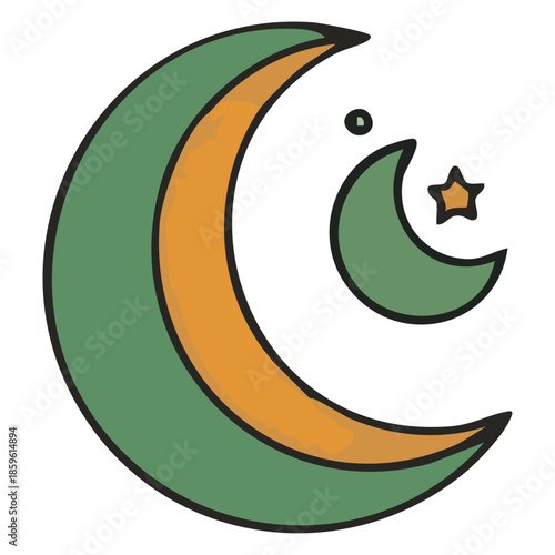 Celestial Crescent: An artistic rendering of a serene crescent moon and star, symbolizing a spiritual journey. Evoking a sense of peace and contemplation.