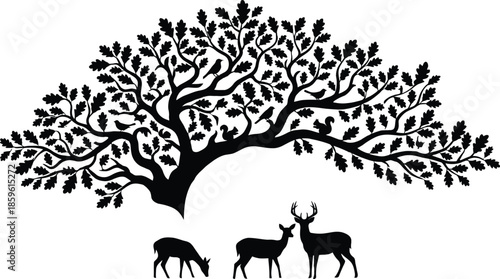 Woodland Animals Under Tree Silhouette Vector Illustration