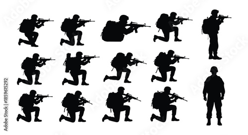 Silhouette depictions of soldiers in various combat postures with weaponry