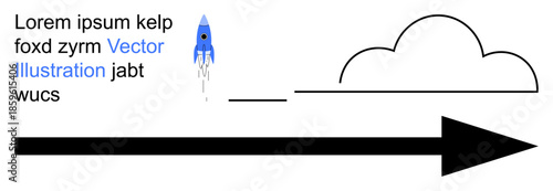 Progress, goal-setting, innovation, direction, speed, and teamwork. Minimalist design of a blue rocket, cloud and arrow. Progress and goal-setting concept