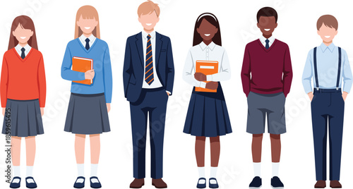 Diverse group of happy students wearing classic school uniforms and standing with books featuring boys and girls in sweaters blazers and skirts vector illustration