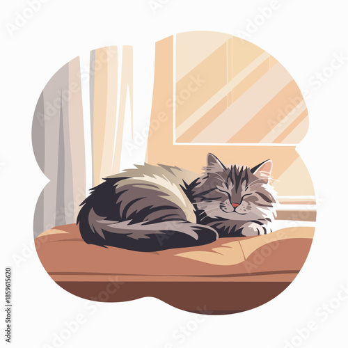 Sleepy cat resting on windowsill in warm sunlight