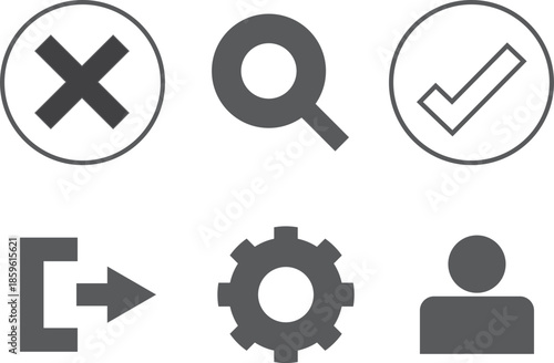 User interface icons set including close, search, check mark, exit, settings, and profile symbols isolated on transparent background.