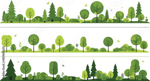 Set of horizontal nature borders featuring stylized green trees bushes and forest elements for landscape design isolated vector illustration