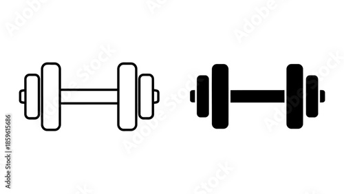 Simple Vector Dumbbell Icons: Outline and Solid Black Styles