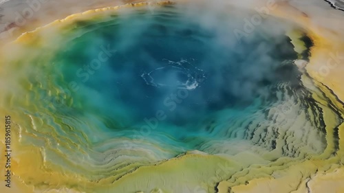 Vibrant Blue Hot Spring With Colorful Mineral Deposits And Steam Rising In A Geothermal Area On A Sunny Day