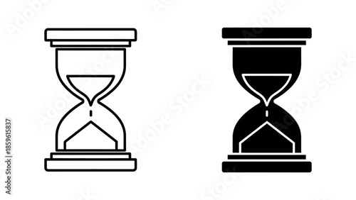 Simple Black Hourglass Icons, One Outline and One Filled, on White