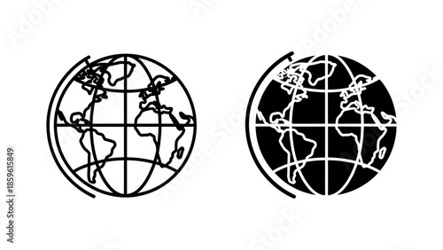 Black and White Globe Icons with Continents and Grid Lines