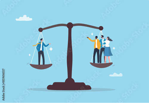 Full time or contractor decision, worker or employee equality, salary or wages pay check, responsibility, staff capability judgement, efficiency concept, business people balance on scale.