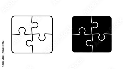 Two Puzzle Icons, Outline and Filled Silhouette on White