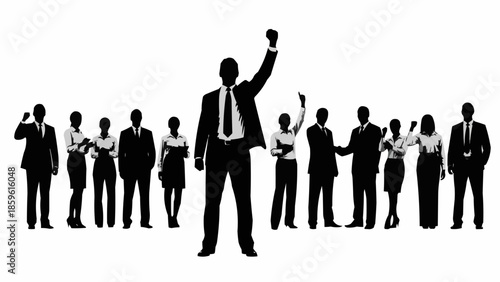 Silhouette of a confident businessman raising his fist in victory surrounded by his team.