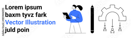 Business strategy, workflow management, productivity tools, teamwork, organizational development, task delegation. Person holding tablet, gear icon and workflow lines. Business strategy and workflow