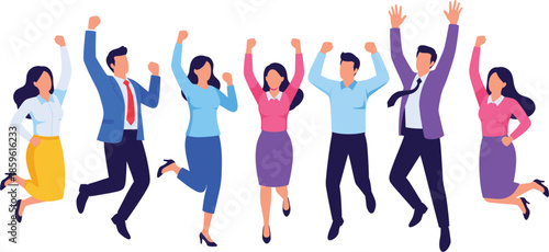 Happy diverse business team jumping and celebrating success in office wear featuring professional men and women isolated vector illustration