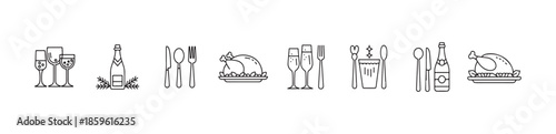 Christmas festive dinner icons set with champagne glasses roasted turkey and cutlery illustration