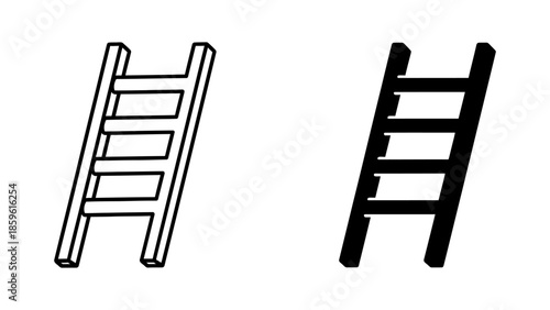 Simple Outline and Silhouette of a Ladder on White Background