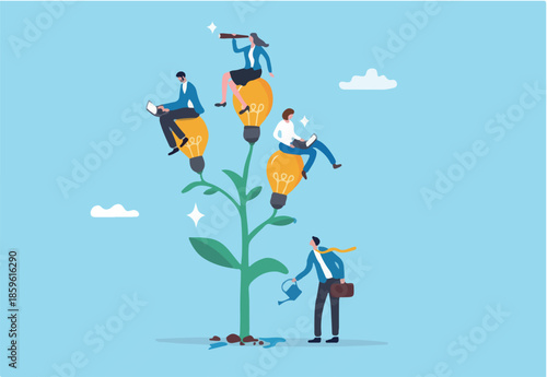 Career development planning, manager assist or coaching for career growth, mentor or support to help employee growing, improvement, businessman watering growing plant with employee career growth.