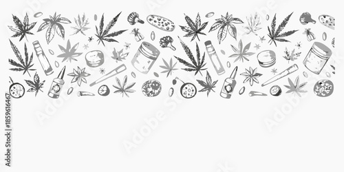 Hand drawn cannabis leaves edibles and accessories illustration in grayscale