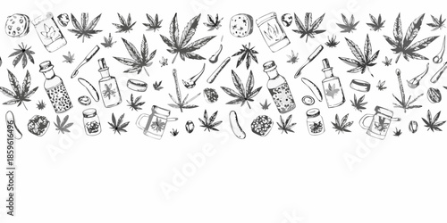 Hand drawn cannabis leaves edibles and accessories pattern on white background