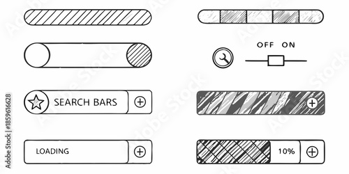 Collection of user interface elements switches loading bars and search icons
