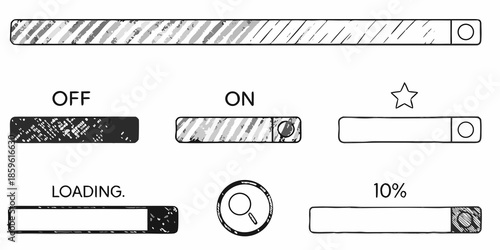 Interface elements displaying loading bars switches and progress indicators