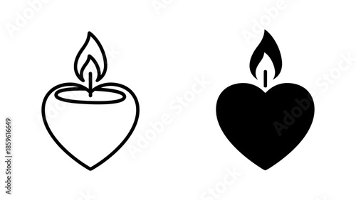 Black and White Heart Candle Icons, Outline and Filled Styles with Flame