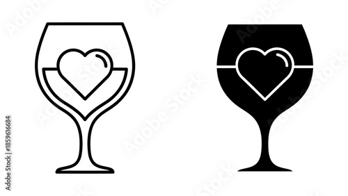 Outline and Solid Heart in Wine Glass Icons