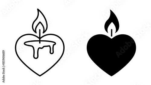 Black and White Heart Candle Icon Set with Outline and Silhouette