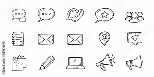 Collection of hand drawn communication and social media related icons in black and white