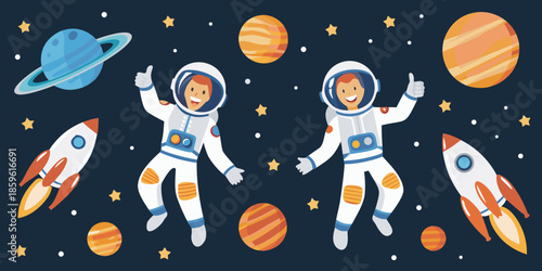 Astronauts explore space among planets rockets and twinkling stars