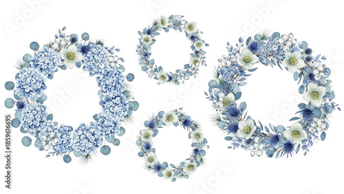 Watercolor Blue Winter Floral Wreaths Set, Christmas Botanical Frames with Hydrangea, Snowberries and Pine Clipart