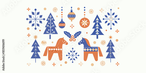 Festive nordic christmas patterns featuring decorated trees horses and snowflakes