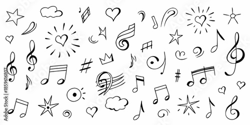 A collection of hand drawn musical symbols stars hearts and whimsical doodles