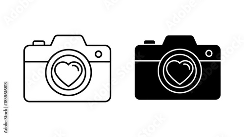 Black and white camera icons featuring heart lens, outline and solid