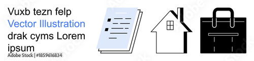 Business workflow, real estate, home ownership, office culture, document management, corporate tools. A document stack, a house and a briefcase . Business workflow and real estate concept