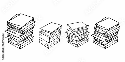Sketch illustration of several stacks of papers or documents in black and white