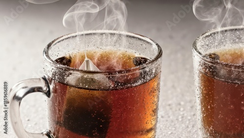 Two steaming glass mugs of hot spiced winter punch.